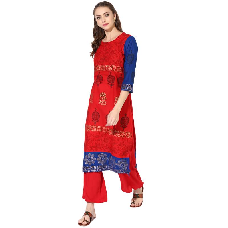 Red Cotton Block Prints Long Straight kurti
