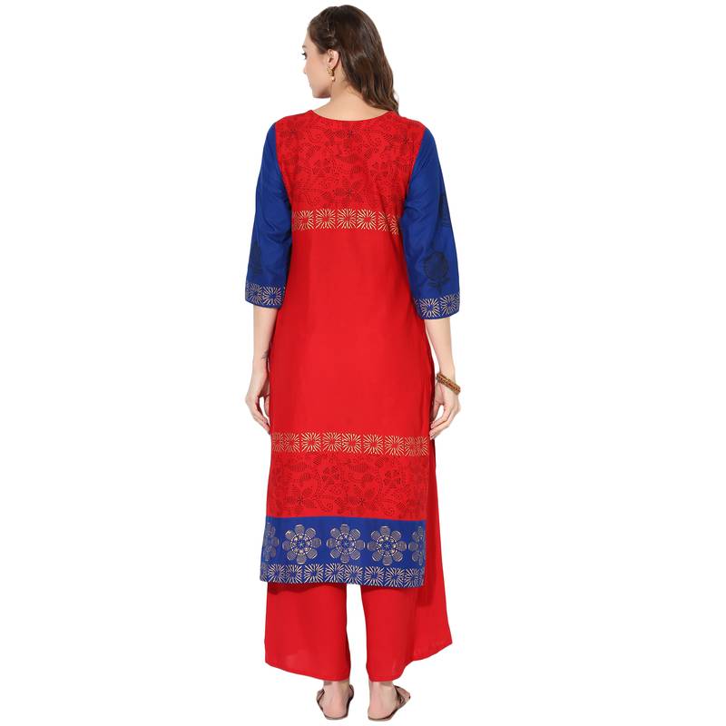 Red Cotton Block Prints Long Straight kurti