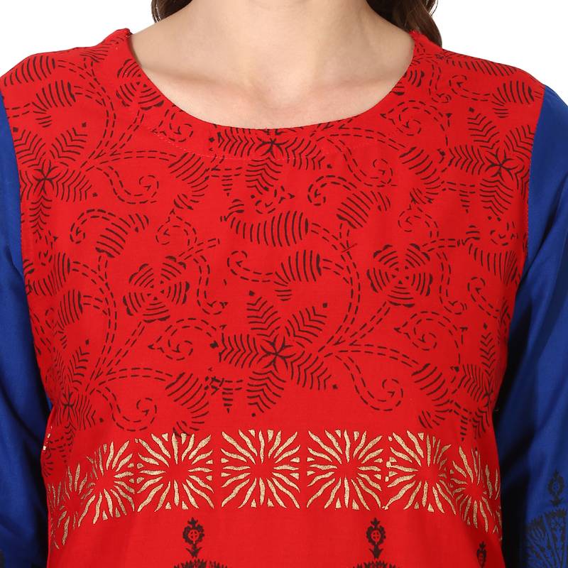 Red Cotton Block Prints Long Straight kurti
