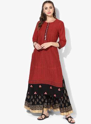 Maroon Cotton Block Prints Long Straight kurti 1