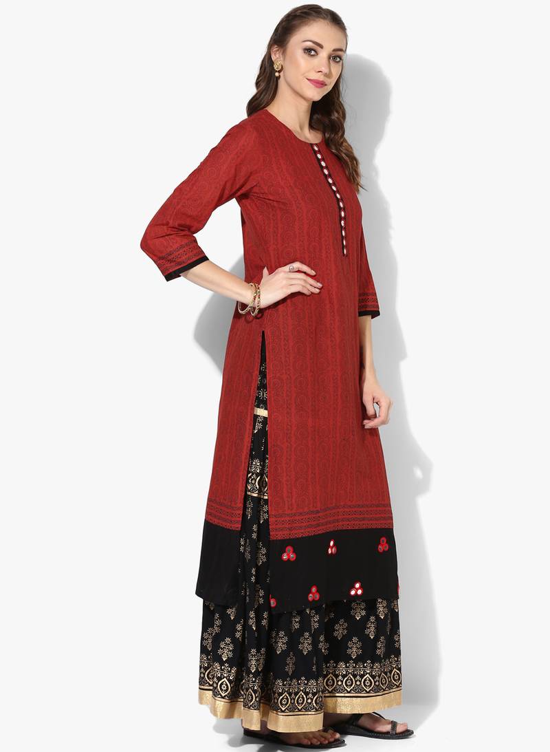 Maroon Cotton Block Prints Long Straight kurti