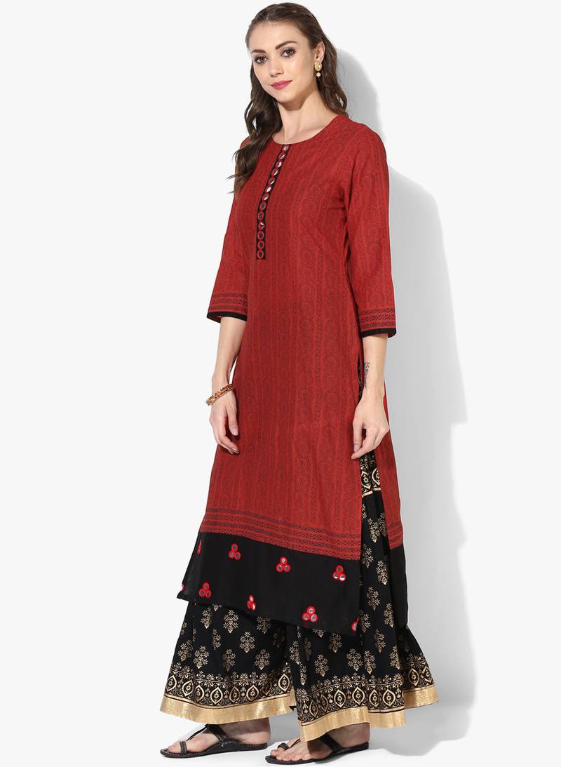 Maroon Cotton Block Prints Long Straight kurti