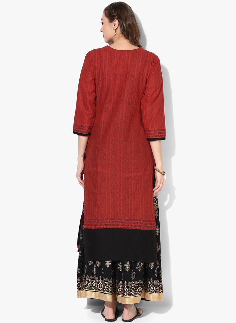 Maroon Cotton Block Prints Long Straight kurti