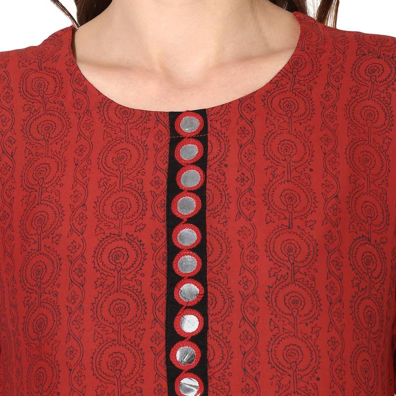 Maroon Cotton Block Prints Long Straight kurti