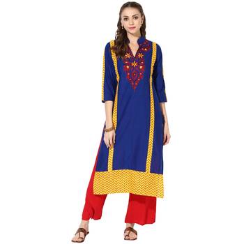 Blue Cotton Embroidery Long Straight kurti 1