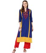 Blue Cotton Embroidery Long Straight kurti