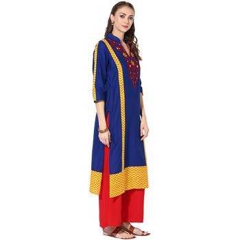 Blue Cotton Embroidery Long Straight kurti 2