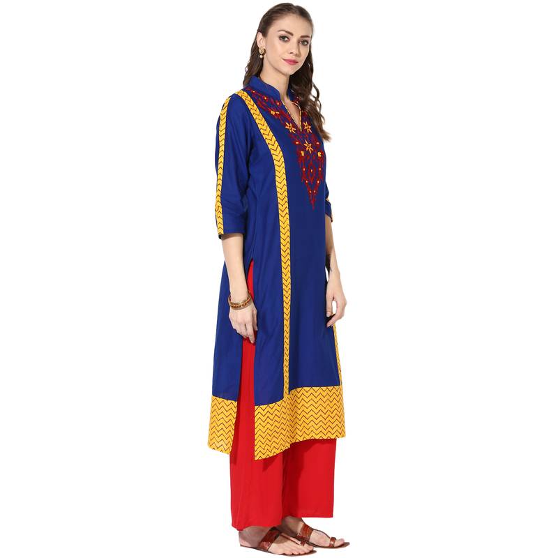Blue Cotton Embroidery Long Straight kurti
