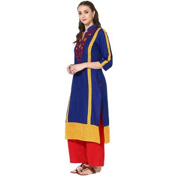 Blue Cotton Embroidery Long Straight kurti 3