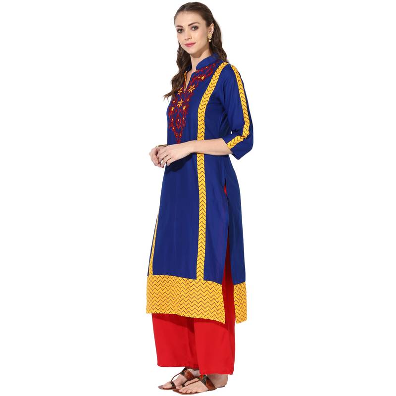 Blue Cotton Embroidery Long Straight kurti