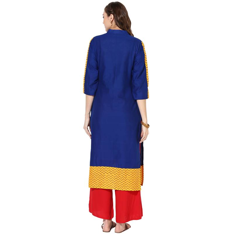 Blue Cotton Embroidery Long Straight kurti