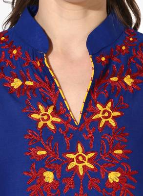Blue Cotton Embroidery Long Straight kurti 5