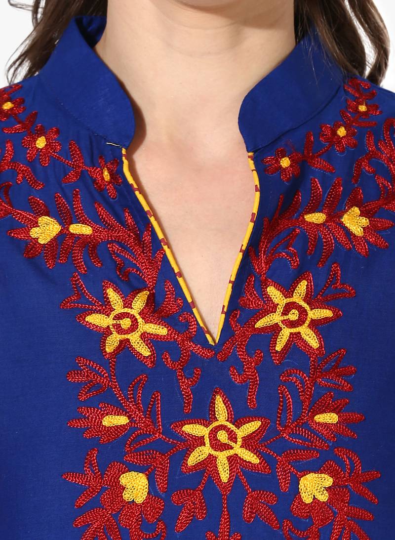 Blue Cotton Embroidery Long Straight kurti