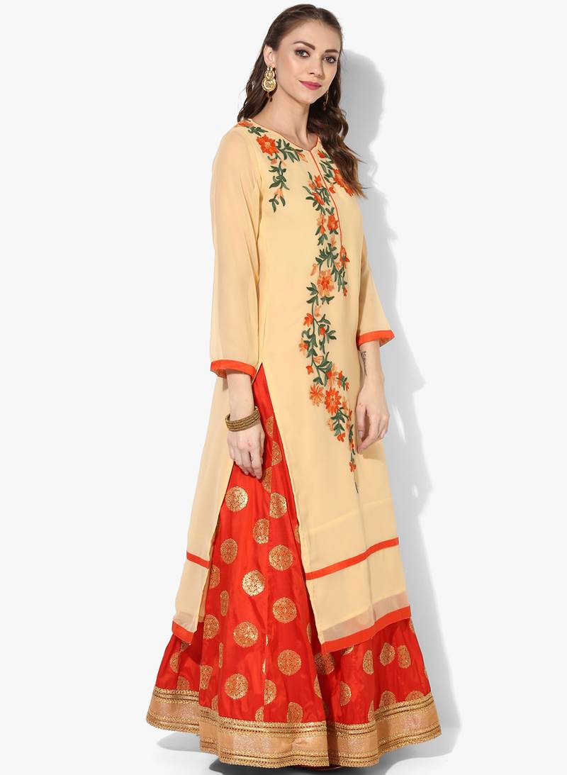 Beige Georgette Dori Embroidery Long Straight kurti