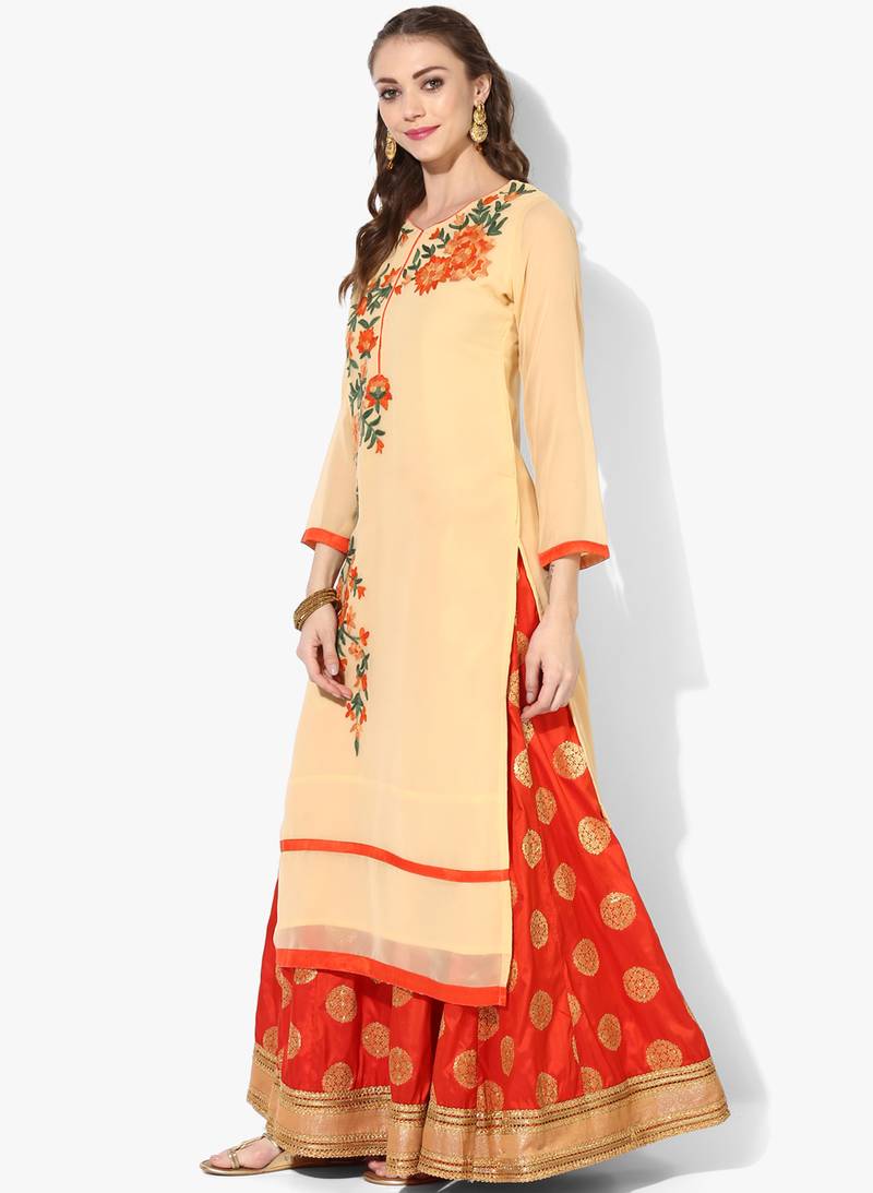 Beige Georgette Dori Embroidery Long Straight kurti