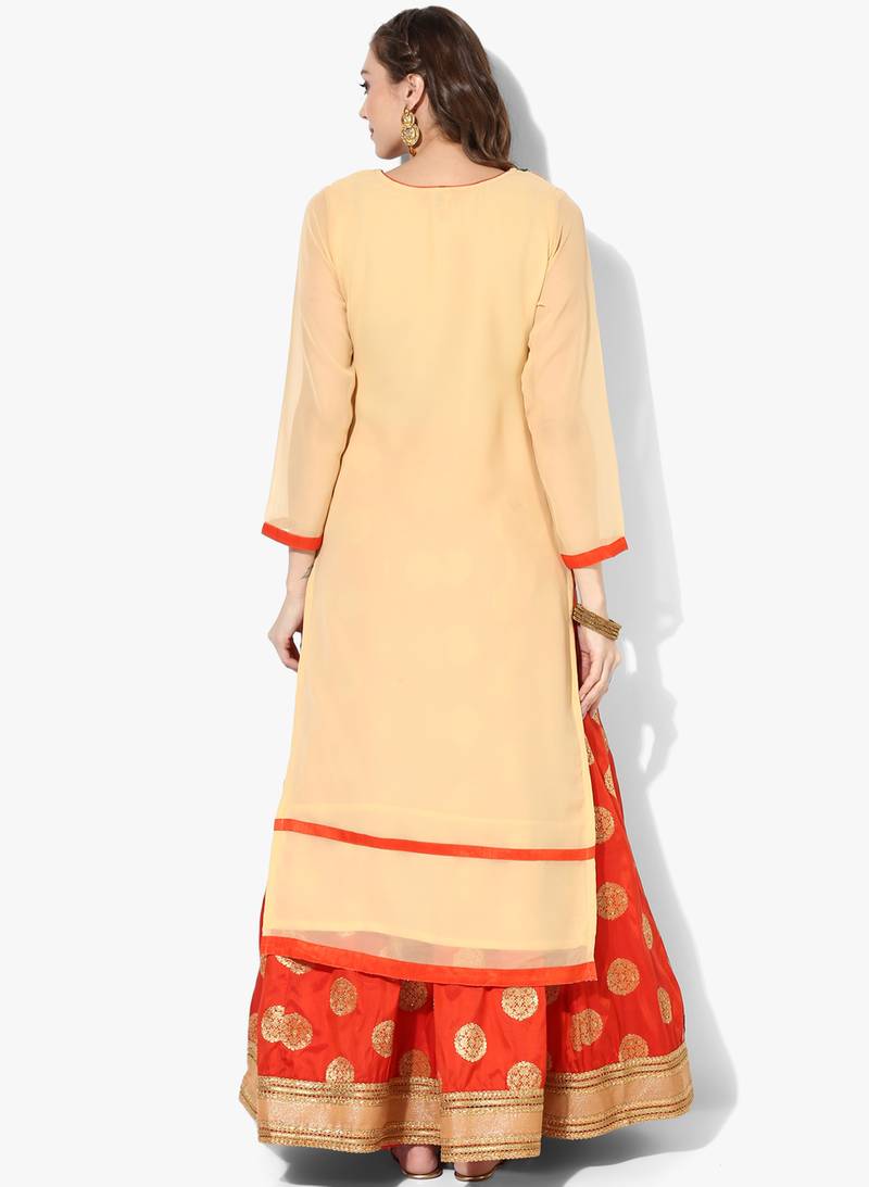 Beige Georgette Dori Embroidery Long Straight kurti