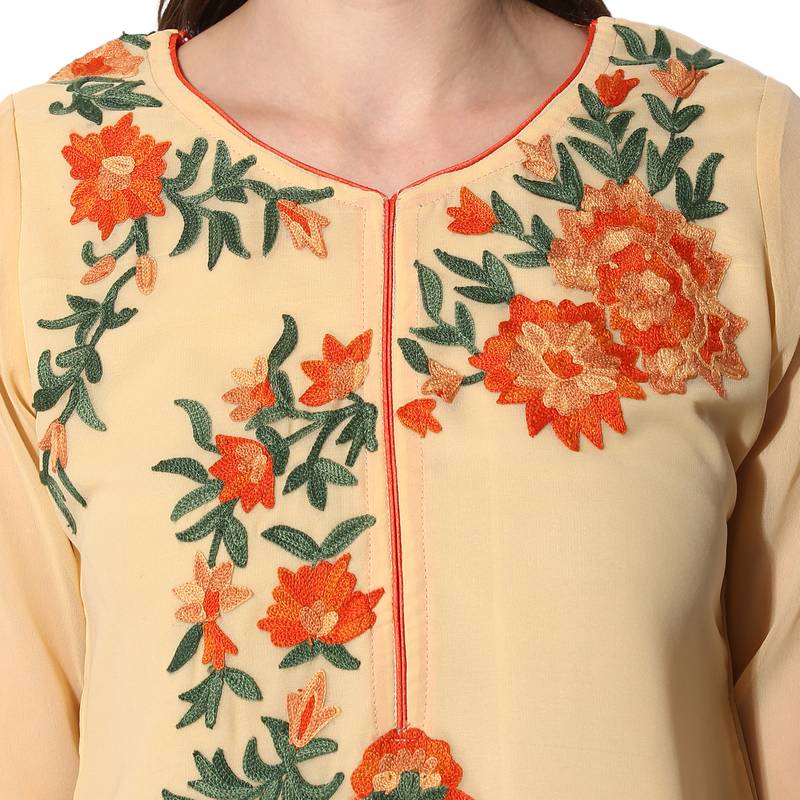Beige Georgette Dori Embroidery Long Straight kurti