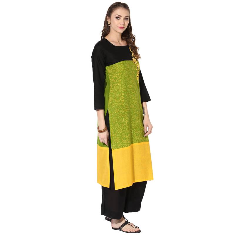 Multicolor Cotton Block Prints Long Straight kurti