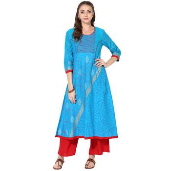 Blue Cotton Block Prints Long Anarkali kurti 1