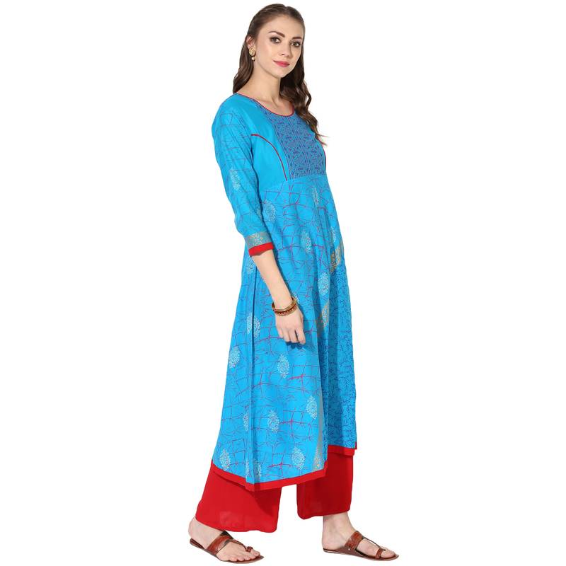 Blue Cotton Block Prints Long Anarkali kurti