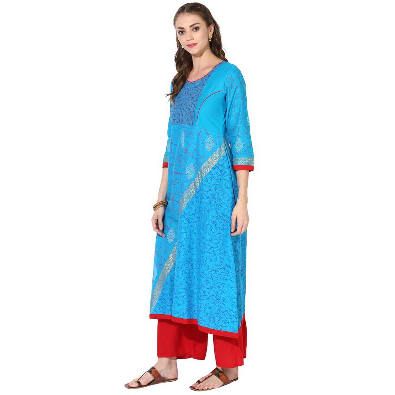 Blue Cotton Block Prints Long Anarkali kurti
