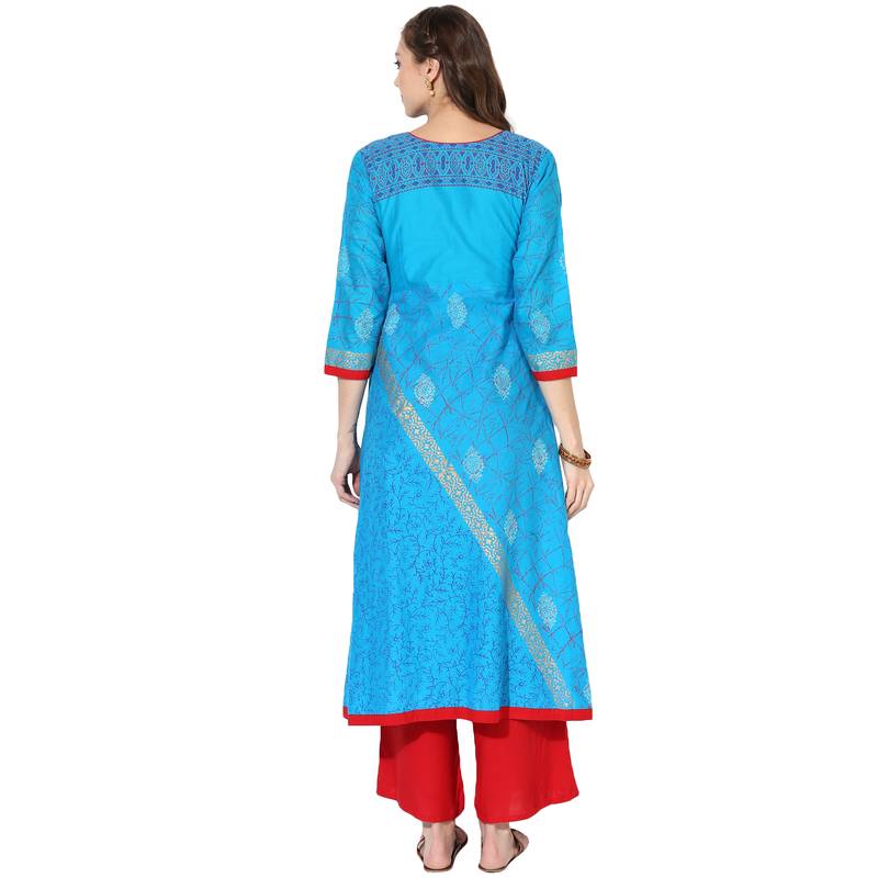 Blue Cotton Block Prints Long Anarkali kurti