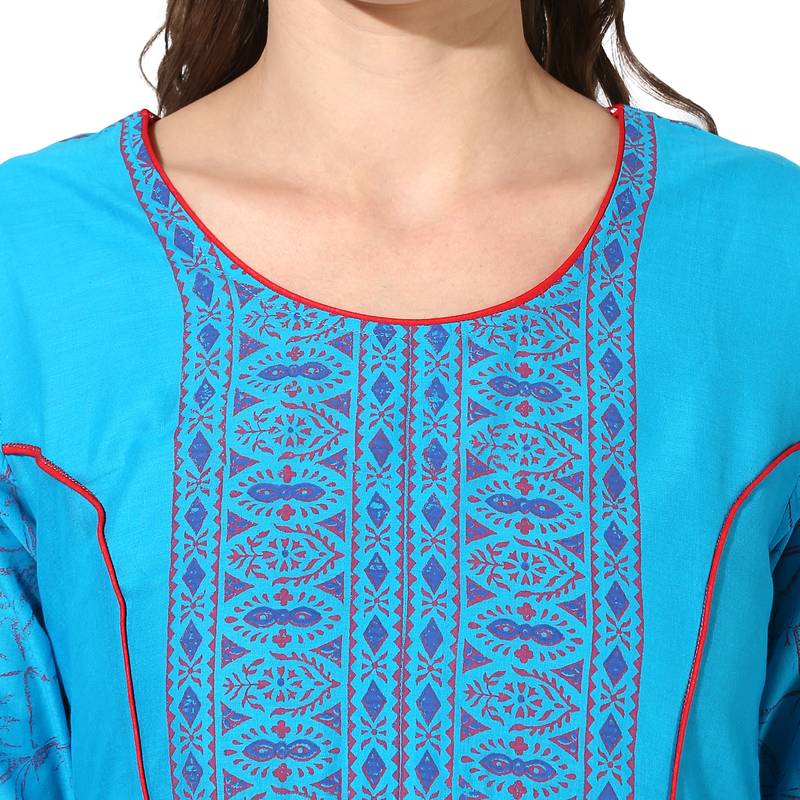 Blue Cotton Block Prints Long Anarkali kurti