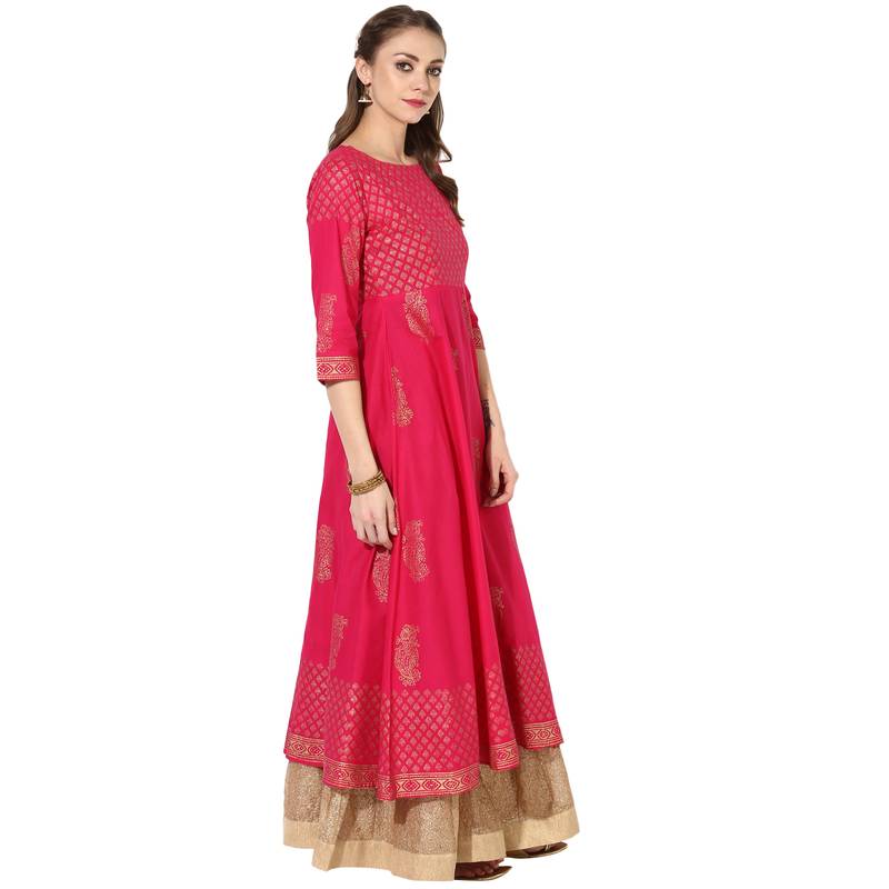 Red Cotton Block Prints Long Anarkali kurti