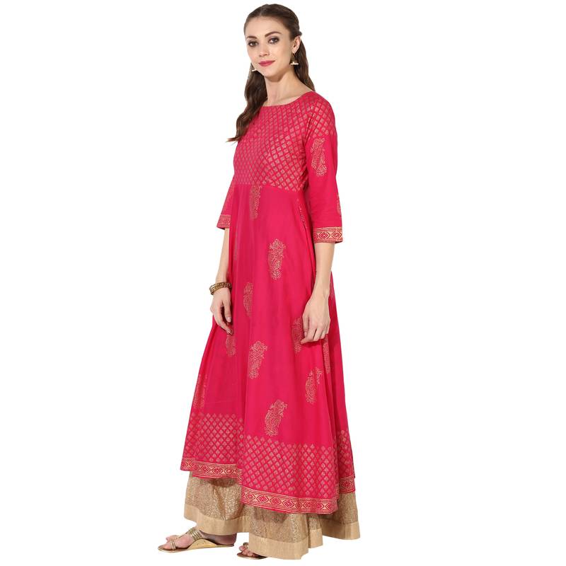 Red Cotton Block Prints Long Anarkali kurti