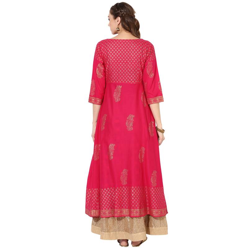 Red Cotton Block Prints Long Anarkali kurti