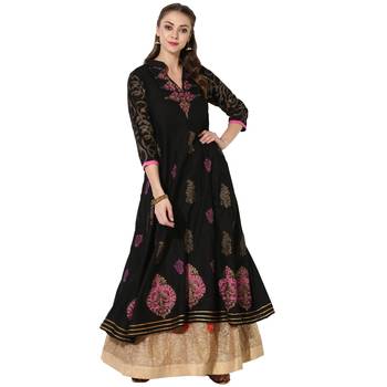 Black Cotton Block Prints Long Anarkali kurti 1