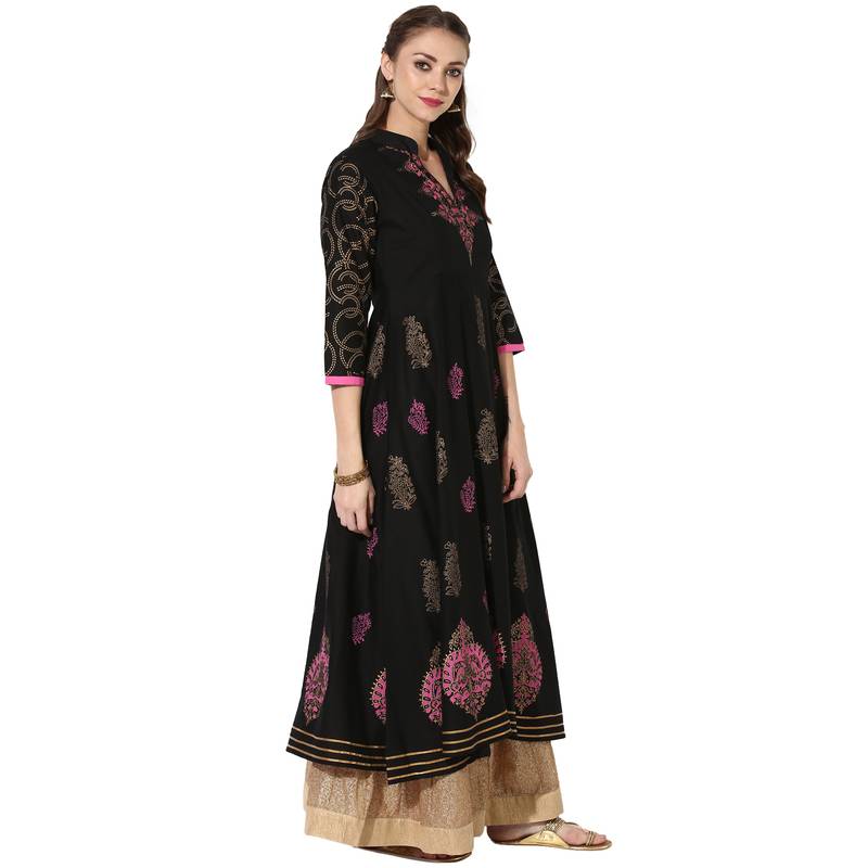Black Cotton Block Prints Long Anarkali kurti