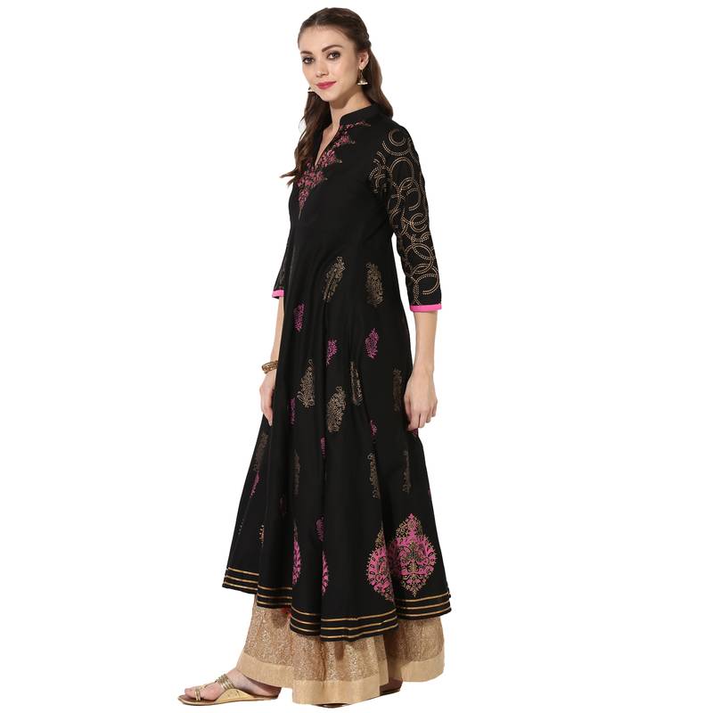 Black Cotton Block Prints Long Anarkali kurti