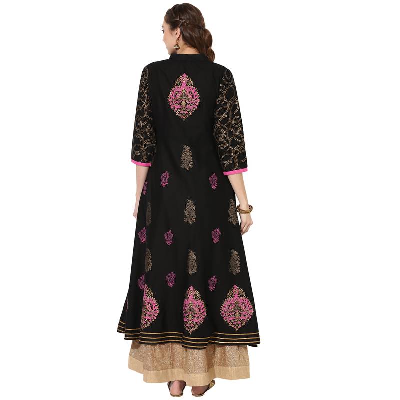 Black Cotton Block Prints Long Anarkali kurti
