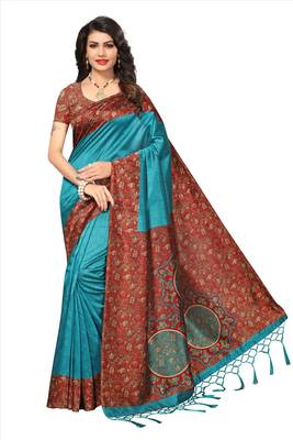 Cyan printed tussar silk saree with blouse 1