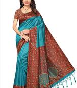 Cyan printed tussar silk saree with blouse