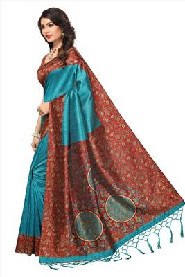 Cyan printed tussar silk saree with blouse 2