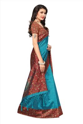Cyan printed tussar silk saree with blouse 3