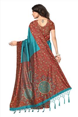 Cyan printed tussar silk saree with blouse 4