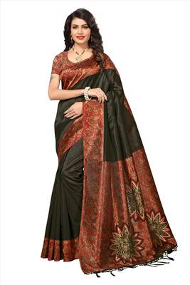 Black printed tussar silk saree with blouse 1