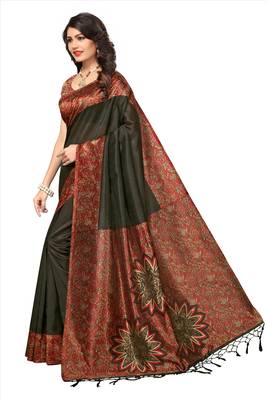 Black printed tussar silk saree with blouse 2