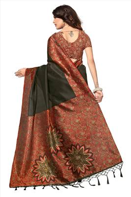 Black printed tussar silk saree with blouse 4