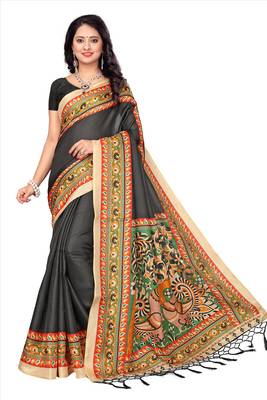 Multicolor printed pure khadi saree with blouse 1