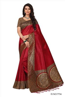 Maroon printed tussar silk saree with blouse 1