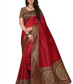Maroon printed tussar silk saree with blouse