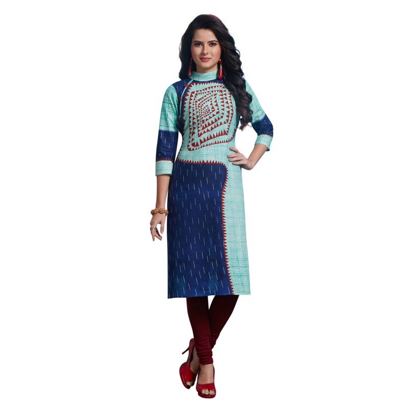 Blue printed cotton unstitched kurti fabric for women C G Fashion