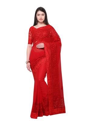 Red Embroidered Georgette Saree With Blouse 1