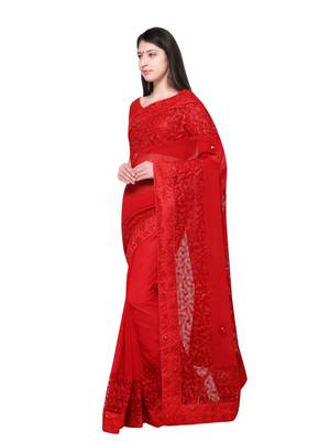 Red Embroidered Georgette Saree With Blouse 4