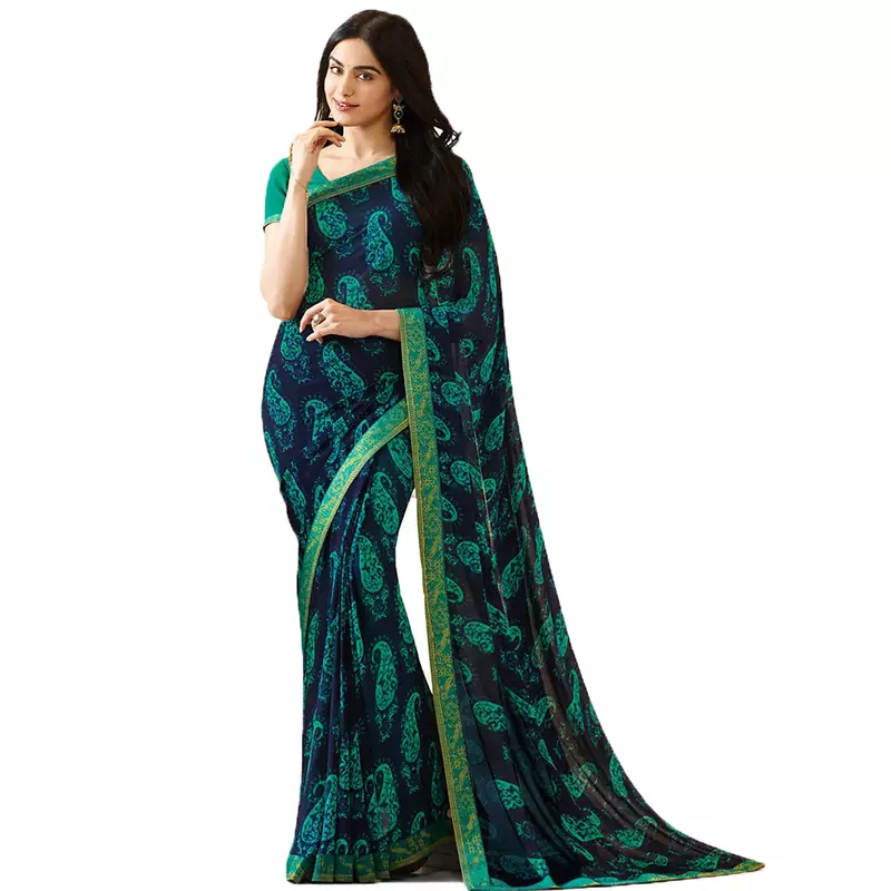 Blue printed georgette saree with blouse