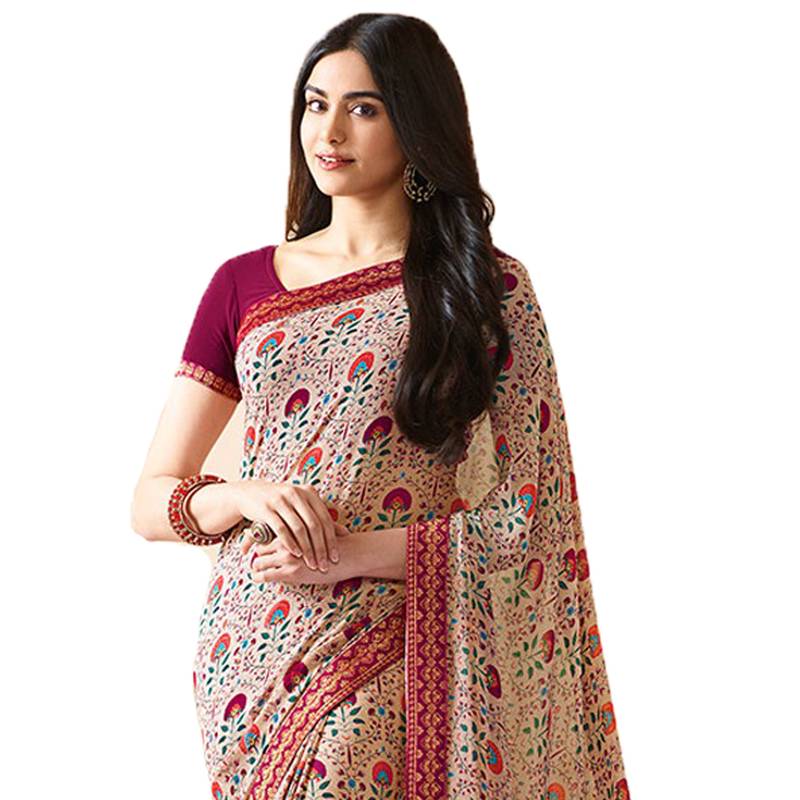 Pink printed georgette saree with blouse